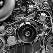 Car engine, concept of modern vehicle motor with metal, chrome details, automobile industry, monochrome